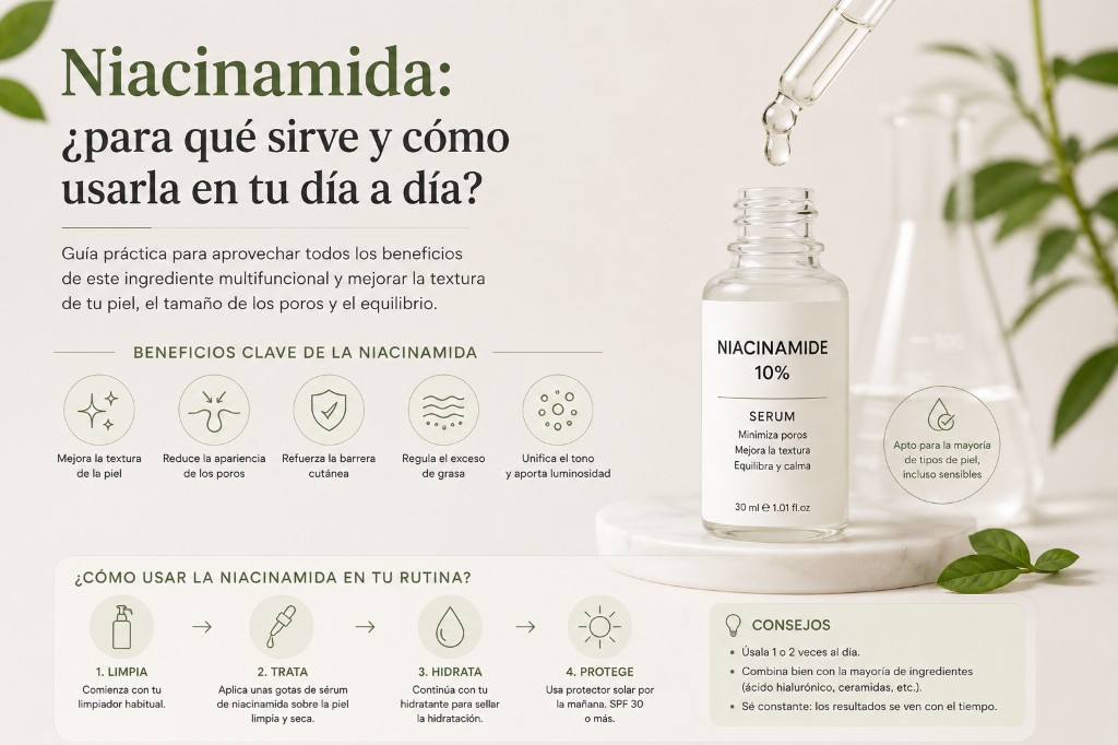 Resumen visual de beneficios y forma de uso de niacinamida