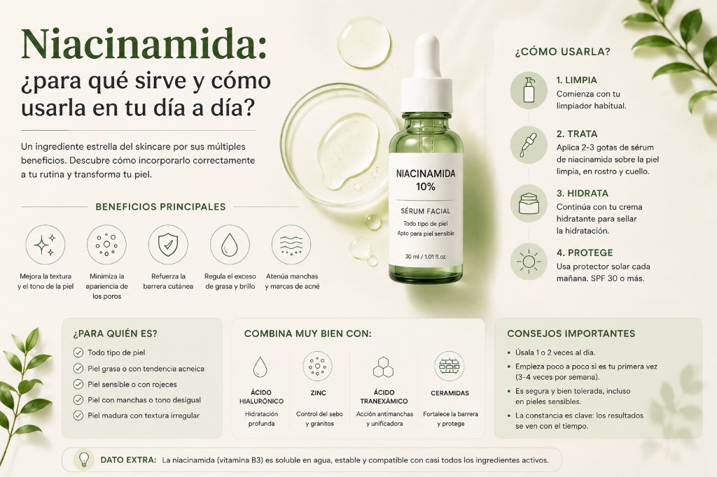 Infografia principal sobre como usar niacinamida en la rutina